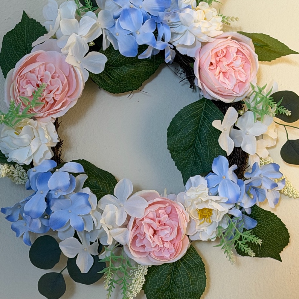 Spring Pink and Blue Floral Wreath - Decorative Home Accent